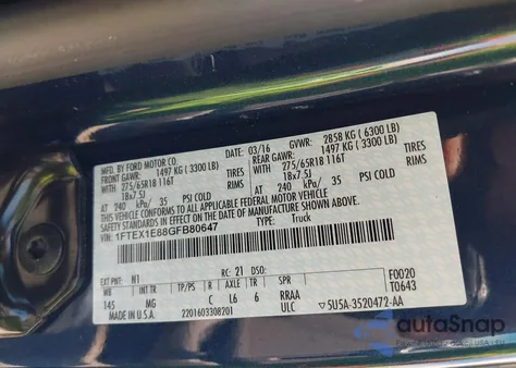 2016 Ford F-150 Xlt z USA, uszkodzony, nr VIN 1FTEX1E88GFB80647